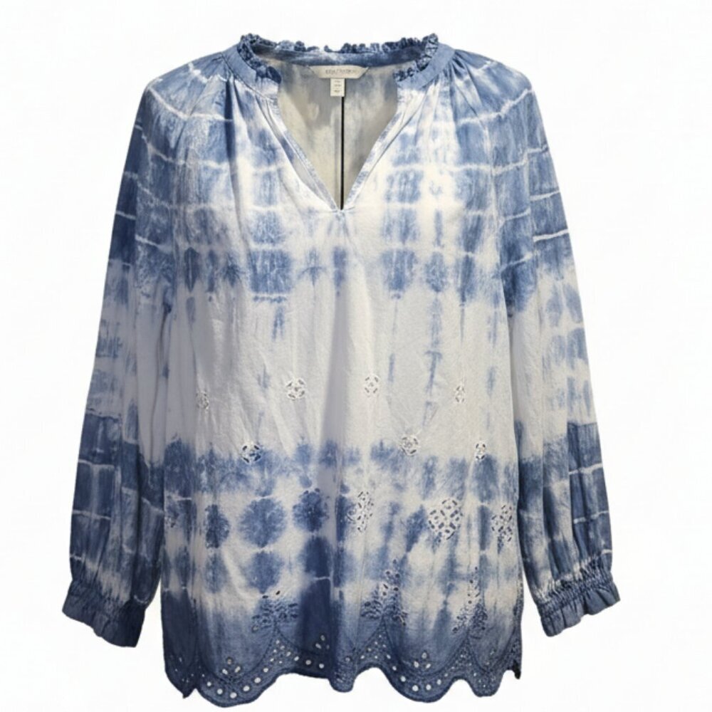 Land's End Elegant Blue and White Tie-Dye Blouse with Long Sleeves in Size Large